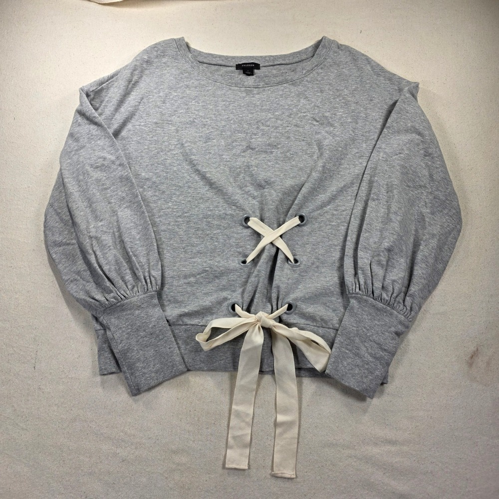 Halogen Womens Gray Lace Up Front Puff Sleeve Sweatshirt Size S H641